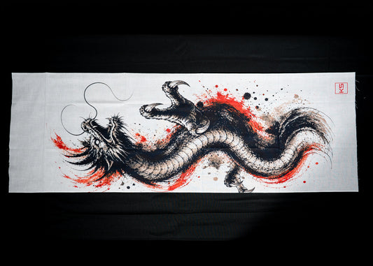 Full DRAGON Sumi-e Style Tenugui with black dragon and vivid red accents on white cotton