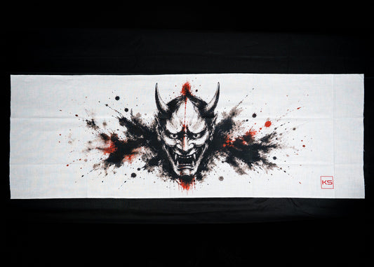 HANNYA Sumi-e Style Tenugui with black, grey and red mask design on white cotton