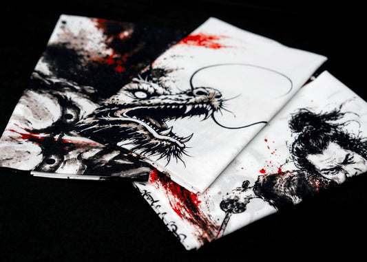 Set of three Sumi-e style Tenugui featuring HANNYA, DRAGON and MUSASHI